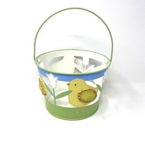 Target Metal Easter Basket Pail Yellow Chicks Flowers